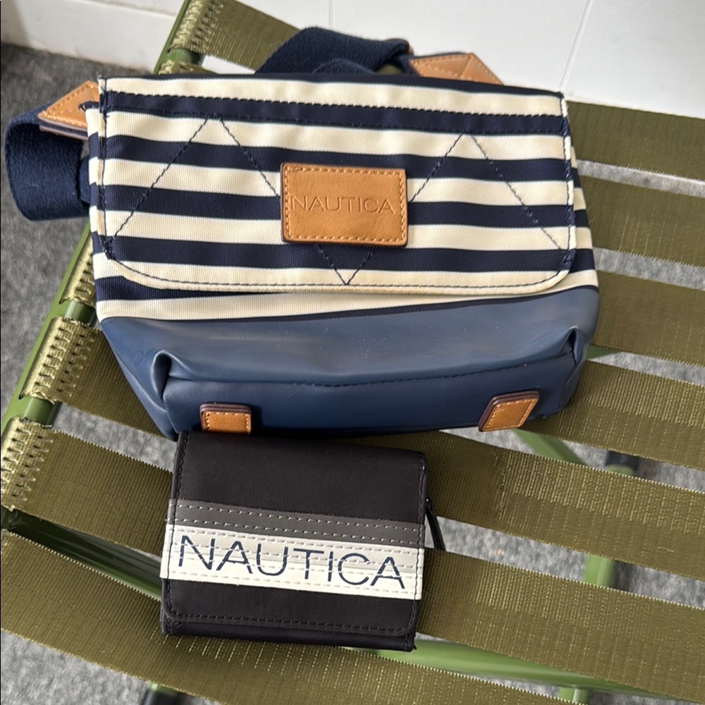 Nautica Navy and Cream Striped Bag with Black Wallet